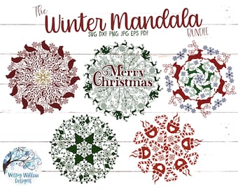 Winter Mandala SVG Bundle, Christmas Mandala Bundle, Merry Christmas Mandala Svg, Christmas Zentangle, Cardinal, Reindeer, Santa, Hot Cocoa