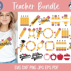 Pacote SVG de professor para Cricut, SVGs de lápis, etiquetas escolares, presente de agradecimento ao professor, moldura de monograma de maçã, sublimação, arquivos de decalque de vinil