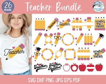 May include: A digital design bundle featuring 26 teacher-themed graphics including yellow pencils, red apples, and text reading Teacher, Teacher Assistant, and World's Best Teacher. The collection includes various frames, monograms, and icons.