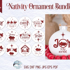 Paquete SVG de adornos navideños redondos de la Natividad para Cricut, Niño Jesús con ángeles, Pesebre con María y José, archivos de calcomanías de vinilo, Silhouette