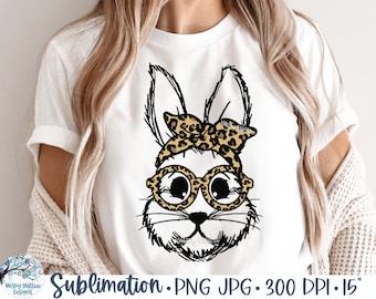 Easter Bunny with Leopard Print Glasses and Bandana PNG for Sublimation, Trendy Rabbit Clipart Jpg, Easter Bunny Rabbit Face with Leopard