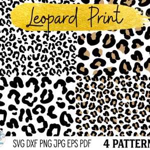 May include: A digital design featuring four leopard print patterns in black, tan, and white. The text "Leopard Print" is displayed in gold, with additional text indicating file formats and "4 PATTERNS!"