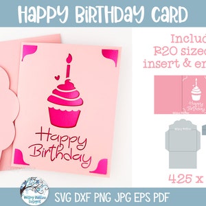 Joyeux anniversaire carte fichier SVG pour Cricut, carte Papercut R20 et enveloppe, cadeau de joyeux anniversaire, carte d'insertion de papier cartonné cupcake, papier découpé