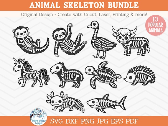 Animal Skeleton SVG Bundle for Cricut, Sloth Skeleton Halloween Bones Clipart PNG, Goose, Highland Cow, Capybara, Sea Turtle, Axolotl JPG