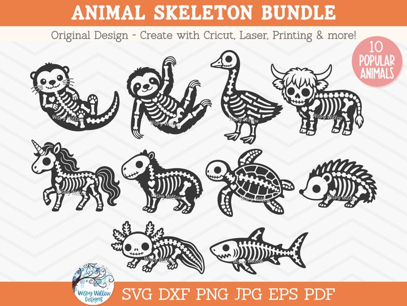 May include: A digital bundle of 10 black and white animal skeleton illustrations including an otter, sloth, goose, highland cow, unicorn, capybara, turtle, hedgehog, axolotl, and shark. Text reads ANIMAL SKELETON BUNDLE, 10 POPULAR ANIMALS, and file formats.