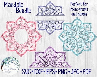 Paquete de mandalas SVG, DXF, png, jpg, pdf, borde de mandala, borde de monograma, borde de nombre, descarga, boho, hippie, Cricut, silueta, archivo de corte