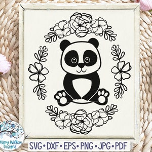 Panda with Flowers  SVG, Floral Panda Svg, Baby Panda Svg, Baby Nursery Panda Png, Baby Animal, Panda Vinyl Decal File, Pandas, Printable