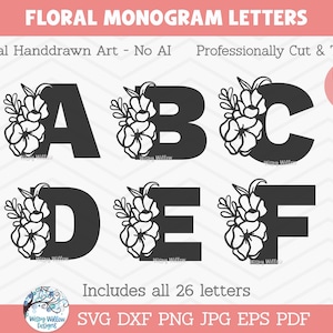 Pacote de Alfabeto Floral em SVG para Cricut, Monogramas de Letras Florais, Iniciais com Flores, PNG, Letras Elegantes de Primavera, Arquivo para Download de Decalque de Vinil
