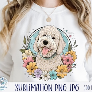 Golden Doodle Dog Sublimation Png, White Labradoodle Dog with Flowers, Floral Dog Cartoon Drawing JPG, Cute Blond Poodle Puppy