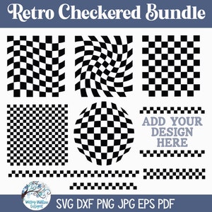 May include: A set of black and white checkered patterns in various styles, including a wavy pattern, a spiral pattern, a square pattern, a circle pattern, and two border patterns. The text "ADD YOUR DESIGN HERE" is included in the image.