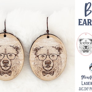 Cute Bear Earrings SVG File for Glowforge or Laser Cutter, Funny Animal Winter Dangle Earring, Polar Bear Earrings with Glasses and Bowtie