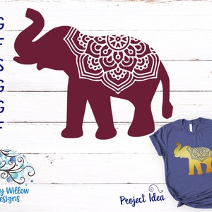 May include: A maroon elephant silhouette with a white mandala design on its back. The elephant is standing on a white wood background. The image is a digital download for crafting projects.