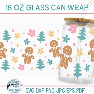 Gingerbread Man 16 Ounce Glass Can Wrap SVG for Cricut, Christmas Mug Wrap, Winter Iced Coffee Cup Wrap PNG, Beer Glass Vinyl Decal Cut File