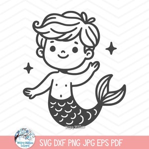 May include: A black and white line art illustration of a merman with wavy hair, a smiling face, and a fish tail with scales. The character is positioned with arms raised and is surrounded by two four-pointed star shapes. The text Wispy Willow appears.