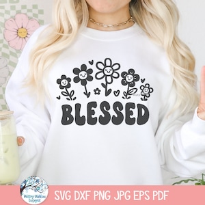 Gezegend SVG voor Cricut, Retro Bloemen, Religieus Christelijk Shirt Design PNG, Boho Wildflowers Doodle, Groovy Cut File, Sublimatie JPG