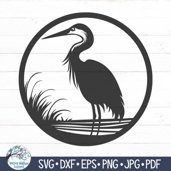 Heron SVG for Cricut, Great Blue Heron Bird Silhouette, Crane Clip Art, Lake Water Bird, Beach Animal Round Sign - SVG Png Jpg Download
