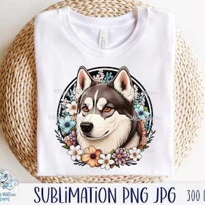 Husky Dog Sublimation Png, Siberian Husky Dog with Flowers, Floral Dog Cartoon Drawing JPG, Cute Puppy Pet Printable