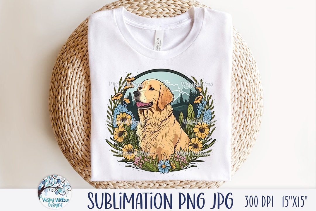 Golden Retriever Dog Sublimation Png With Flowers, Floral Blond Dog JPG ...