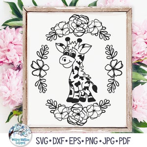 Floral Giraffe SVG, Oval Flower Frame with Giraffe Svg, Baby Giraffe Svg, Floral Zoo Animal Svg, Baby Nursery Printable Png, Baby Animal Svg