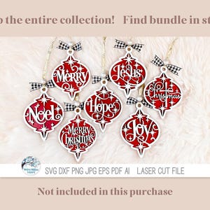 May include: Seven red and white laser-cut wooden ornaments featuring the words Merry, Jesus, Christmas, Noel, Hope, Merry Christmas, and Joy. Each ornament has a white star pattern, a black and white buffalo check ribbon, and a hanging string.