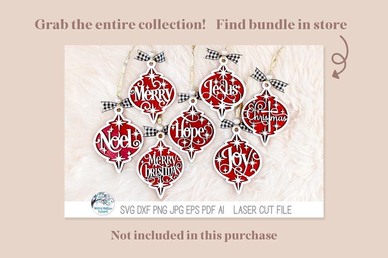 May include: Seven red and white laser-cut wooden ornaments featuring the words Merry, Jesus, Christmas, Noel, Hope, Merry Christmas, and Joy. Each ornament has a white star pattern, a black and white buffalo check ribbon, and a hanging string.