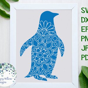 Mandala floral de pingüino SVG, DXF, jpg, png, eps, pingüino SVG, archivo de descarga digital, animal, invierno, ártico, Cricut, silueta, archivo de calcomanía