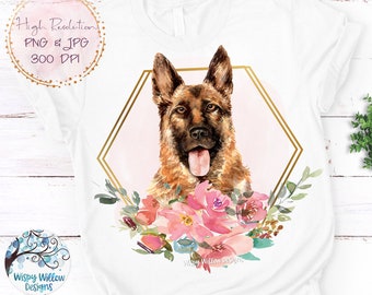 Floral German Shepherd Dog Sublimation Png, Floral Watercolor German Shepherd Png, Dog with Flowers PNG, Sublimation Clipart, Dog Shirt Png