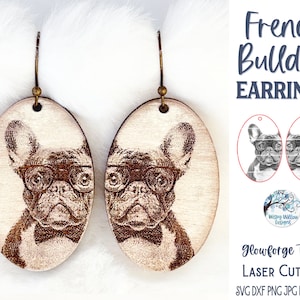 Französische Bulldogge mit Brille Ohrring SVG-Datei für Glowforge oder Laser Cutter, lustige Tier gravierte Schmuck, süße Haustier digitale Download-Datei