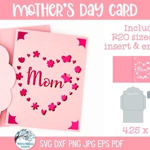Carte de fête des mères SVG pour Cricut, carte Papercut R20 et enveloppe, cadeau maman, carte d'insertion de papier cartonné coeur floral, fleurs pour maman
