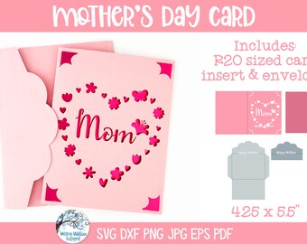 Mother's Day Card SVG for Cricut, Papercut R20 Card and Envelope, Mom Gift, Floral Heart Cardstock Insert Card, Flowers for Mom