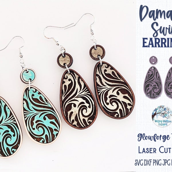 Damask Swirl Earrings SVG File for Glowforge or Laser Cutter, Farmhouse Chic Wooden Dangle Earring, Engraved Jewelry File for Laser, AI, Dxf