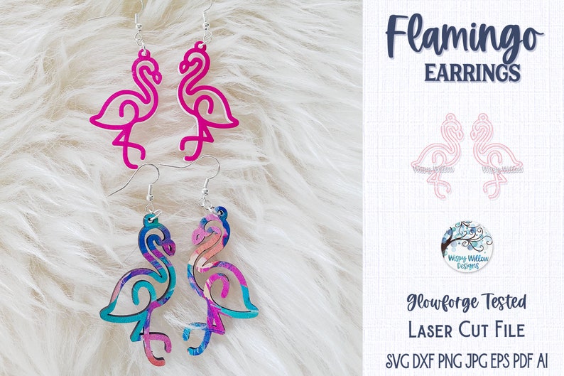 May include: Two pairs of flamingo-shaped earrings with silver-toned hooks. One pair is solid hot pink, and the other features a multi-colored pattern of blue, pink, and purple. Text on the right reads Flamingo Earrings, Glowforge Tested Laser Cut File.