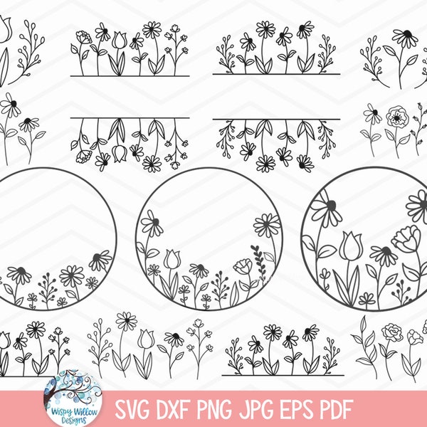 Pacchetto SVG di fiori selvatici per Cricut, cornici monogrammatiche con nomi di piante botaniche floreali in formato PNG e JPG, file di taglio per bordi con fiori primaverili, margherite, tulipani, rose