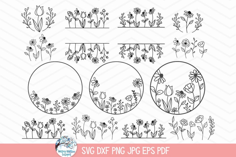 Pode incluir: Uma cole&ccedil;&atilde;o de ilustra&ccedil;&otilde;es de arte linear em preto e branco com v&aacute;rios arranjos florais, incluindo tulipas, margaridas e caules com folhas, organizados em bordas horizontais, molduras circulares e grupos bot&acirc;nicos independentes.