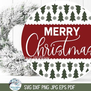 May include: A circular graphic design featuring the text MERRY Christmas in white script and block lettering. The design includes a dark red center band and white borders with a repeating pattern of dark green pine trees and white snowflakes.