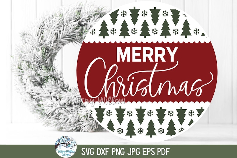 May include: A circular graphic design featuring the text MERRY Christmas in white script and block lettering. The design includes a dark red center band and white borders with a repeating pattern of dark green pine trees and white snowflakes.