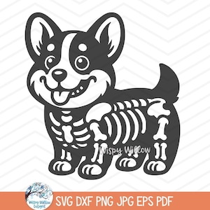 May include: A black and white graphic illustration of a Corgi dog featuring a visible skeletal rib cage and bone structure design. The dog has large ears, a smiling face with its tongue out, and the text Wispy Willow is visible on its body.