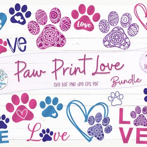 Dierenpootafdruk SVG-bundel voor Cricut, hondenpootafdrukken met hart, liefde met pootafdruk SVG, kattenpootafdruk mandala, vinyl decal gesneden bestand