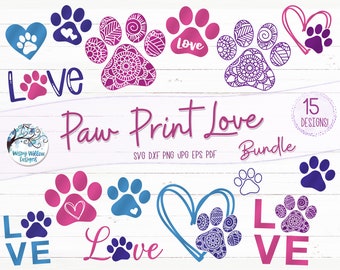 May include: A digital design bundle titled Paw Print Love Bundle featuring 15 designs including various paw prints, hearts, and the word Love in blue, purple, and pink gradients. The text includes SVG, DXF, PNG, JPG, EPS, PDF and Wispy Willow Designs.