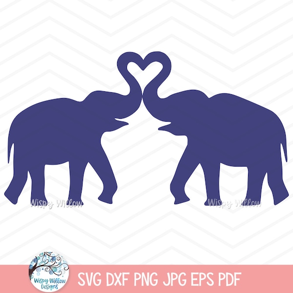Cricut 用の象のラブハート SVG、象の鼻のハートのクリップアート、かわいい動物園の動物のシルエット PNG、JPG、DXF、ビニール デカール カット ファイルのダウンロード