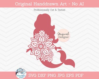 SVG de sirena floral, SVG de mandala de sirena, sirena con flores, sirena mandala, sirena bonita, archivo de calcomanía de vinilo, playa, verano, SVG del océano
