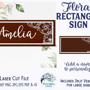 Florales Rechteck Schild für Glowforge oder Laser Cutter, Blumenschild SVG, Blumen, Kinderzimmer Schild, Rahmen mit Blumen, Schild mit Blumen für Laser