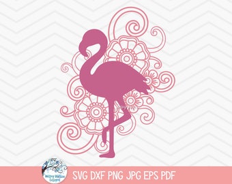 May include: Pink flamingo silhouette with intricate floral designs in a pink color scheme. The flamingo is standing on one leg with its head turned to the side. The floral designs are swirling and flowing, creating a sense of movement and energy.
