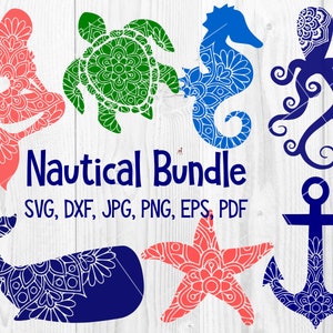 Nautische mandala SVG-bundel, zeemeermin, walvis, schildpad, zeester, octopus, zeepaardje, anker, zeepaardje, dierenmandala, oceaanmandala, strand