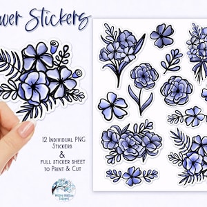 Blaue Blumen Aufkleber PNG, druckbare Blumenaufkleber, druckbare Blumenaufkleber, Blumen Png, Cricut Druck und Schnitt, Blumenaufkleberblatt Png