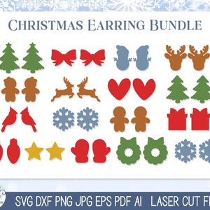 May include: A set of 16 Christmas earring designs, including a snowman, reindeer, gingerbread people, hearts, snowflakes, Christmas trees, bows, stars, ornaments, and wreaths. The designs are in various colors, including red, green, blue, brown, and gold.