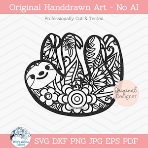 Sloth Mandala SVG for Cricut, Floral Sloth, Animal Mandala with Flowers, Sloth Zentangle SVG, Cute Sloth Drawing PNG, Vinyl Decal Cut File