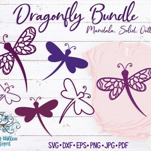 May include: A digital design bundle titled Dragonfly Bundle Mandala, Solid, Outline featuring various purple dragonfly graphics in mandala, solid, and outline styles, including one displayed on a light pink t-shirt and file formats listed as SVG, DXF, EPS, PNG, JPG, PDF.