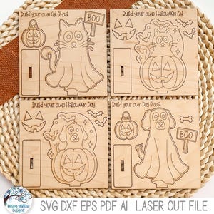 Halloween hund och katt spöke pop out ståuppbyggda kit för laserskärare, bygg din egen Jackolantern husdjur DIY målning SVG-filer, höstbarnpaket