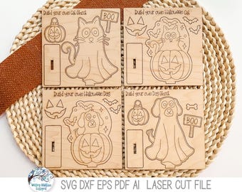 Halloween hond en kat Ghost pop-out stand-up kits voor lasersnijder, bouw je eigen jackolantern huisdier DIY schilderij SVG-bestanden, herfst kinderen bundel